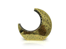 Load image into Gallery viewer, crescent shaped candle holder in gold mirror stainless steel with laser cut design of Arabic letters & diacritics