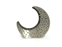 Load image into Gallery viewer, crescent shaped candle holder in brushed stainless steel with laser cut design of Arabic letters & diacritics