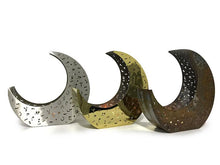 Load image into Gallery viewer, 3 crescent shaped candle holders in 3 different metal finish with laser cut design of Arabic letters & diacritics