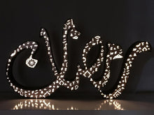 Load image into Gallery viewer, A 1m long ramadan decoration, 3D free standing sign light of the term "Ramadan" in Arabic calligraphy. Metal front with arabic letters cutout